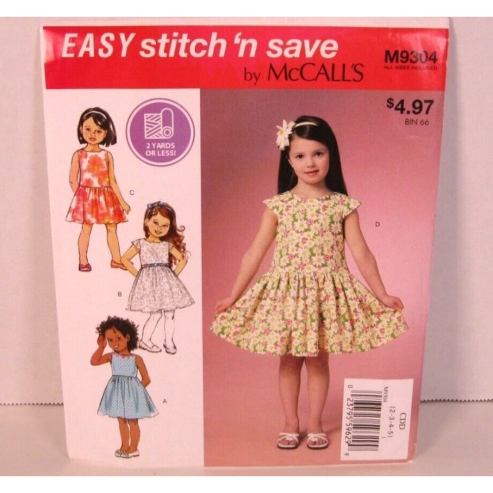 McCall's Easy Stitch 'n Save 2 Yards or Less Dress #9304 Pattern Child 2-5 Cut